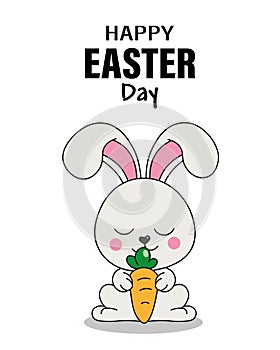 happy easter day card. Cute rabbit with a carrot