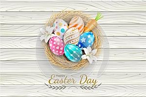 Happy easter day easter eggs colorful different and patterns texture on egg nest