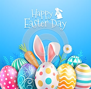 Happy easter day easter eggs colorful different and patterns texture  and rabbit ears with daisies flower on blue color background