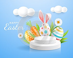 Happy easter day easter eggs colorful different and patterns texture  and rabbit ears with display stand podium and daisies flower