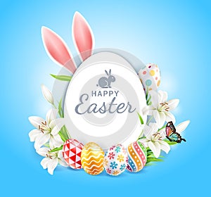 Happy easter day easter eggs colorful different and patterns texture  and rabbit ears with lilies flower and butterfly on blue