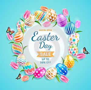 Happy easter day easter eggs colorful different and patterns texture with tulips flower and butterfly on blue color background.