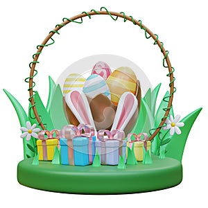 Happy Easter day with Easter eggs. Concept of Easter egg hunt. Creative holiday composition. Banner and poster. Brochure and flyer