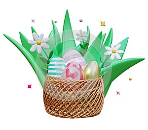 Happy Easter day with Easter eggs. Concept of Easter egg hunt. Creative holiday composition. Banner and poster. Brochure and flyer