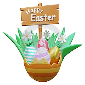Happy Easter day with Easter eggs. Concept of Easter egg hunt. Creative holiday composition. Banner and poster. Brochure and flyer