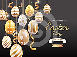 Happy easter day easter eggs gold color. Vector illustrations