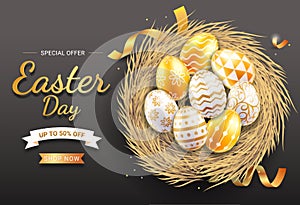 Happy easter day easter eggs gold colorful different and patterns texture on egg nest. Vector illustrations