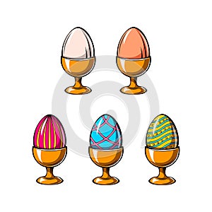 Happy easter day greeting with egg holder. Easter eggs in egg-cup set. Vector illustration.