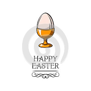 Happy easter day greeting with egg holder. Easter eggs in egg-cup. Vector.