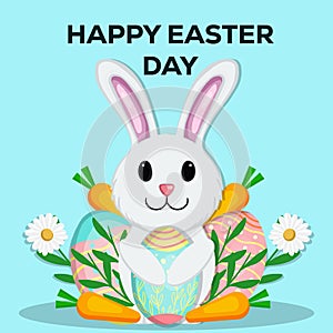 happy easter day hand drawn illustration with rabbit hugging eggs, carrot, plants, and flower