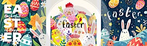 Happy Easter Day holiday abstract square banner set. Colorful eggs in grass and cute bunny with chickens. Traditional