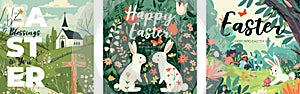 Happy Easter Day holiday creative square banner set. Colorful eggs hunt with cute bunny and Christian church