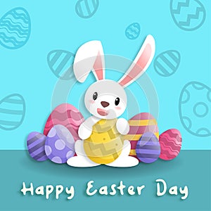 Happy easter day in paper art style with rabbit and easter eggs. greeting card, posters and wallpaper.