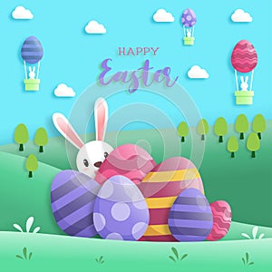 Happy easter day in paper art style with rabbit and easter eggs. greeting card, posters and wallpaper. Vector illustration