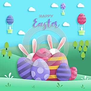 Happy easter day in paper art style with rabbit and easter eggs. greeting card, posters and wallpaper. Vector illustration