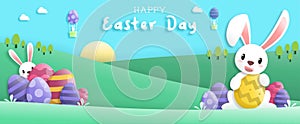 Happy easter day in paper art style with rabbit and easter eggs. greeting card, posters and wallpaper. Vector illustration