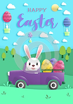 Happy easter day in paper art style with rabbit and easter eggs. greeting card, posters and wallpaper. Vector illustration