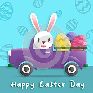 Happy easter day in paper art style with rabbit and easter eggs. greeting card, posters and wallpaper. Vector illustration