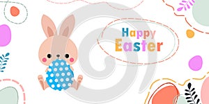 Happy Easter day poster. Little Rabbit Bunny cartoon flat design with greeting card. Easter egg festival wallpaper