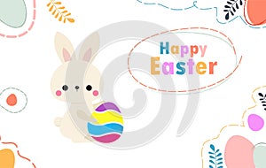 Happy Easter day poster. Little Rabbit Bunny cartoon flat design with greeting card. Easter egg festival wallpaper