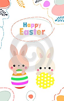 Happy Easter day poster. Little Rabbit Bunny cartoon flat design with greeting card. Easter egg festival wallpaper