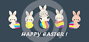 Happy Easter day poster. Little Rabbit Bunny cartoon flat design with greeting card. Easter egg festival wallpaper