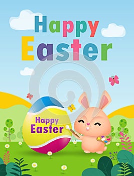 Happy Easter day poster. Little Rabbit Bunny with a painted egg with greeting card. Easter festival background with bunny and eggs
