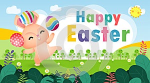 Happy Easter day poster. Little Rabbit Bunny with a painted egg with greeting card. Easter festival background with bunny and eggs