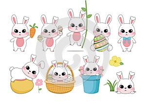 Happy Easter Day with Set of cute rabbits. Cute Bunny holding Easter eggs, sitting in Easter eggs basket vector