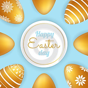 Happy Easter day. Vector illustration golden eggs. Background in realistic style. Egg with white floral pattern.