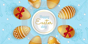 Happy Easter day. Vector illustration golden eggs. Background in realistic style. Egg with white floral pattern.