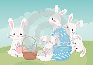 Happy easter day, white rabbits basket egg in grass
