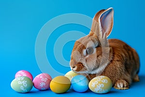 Happy easter decor Eggs Rejoice Basket. Easter Bunny clever modern. Hare on meadow with Bound easter background wallpaper