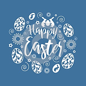 Happy Easter, decorated Easter greeting card, banner. Bunnies, Easter eggs, flowers and swirls. Isolated vector illustration