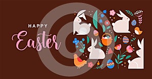 Happy Easter, decorated geometric style Easter card, banner. Bunnies, Easter eggs, flowers and basket. Modern minimalist