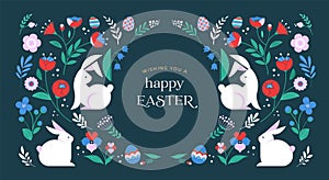 Happy Easter, decorated geometric style Easter card, banner. Bunnies, Easter eggs, flowers and basket. Modern minimalist