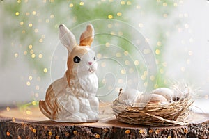 Happy Easter decoration cute bunny and Easter eggs in the nest