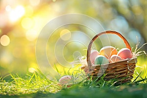 Happy easter Decoration Eggs Easter Goodness Basket. White basket Bunny delighted. service background wallpaper