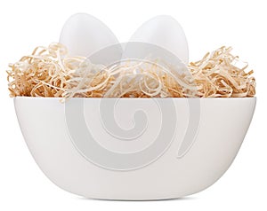 Happy Easter decorations, basket with white eggs on straw nest, isolated on white background. Template for gift greeting card,