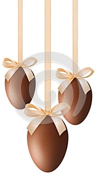 Happy Easter decorations chocolate eggs with shiny ribbon bows in pastel light colors, hanging on transparent background. Template photo