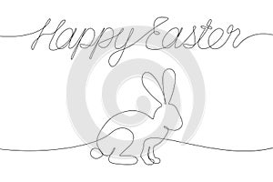 Happy Easter decorations with one line inscription and rabbit. Continuous line drawing lettering and bunny for Easter holyday.