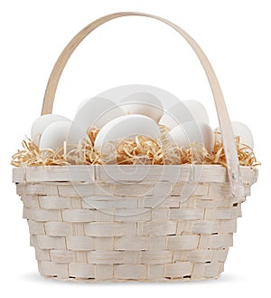 Happy Easter decorations, wicker basket full of white eggs on straw nest isolated on white background, template for label, gift