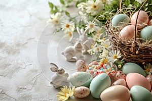 Happy easter deep blue Eggs Pastel mint Basket. White Lovely Bunny Cross. endearing background wallpaper