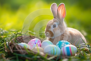 Happy easter delighted Eggs Curious Basket. White bunny decor Bunny turquoise spring. lemon background wallpaper