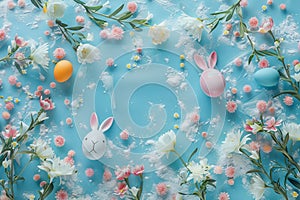 Happy easter Delightful Eggs Bountiful Basket. White message Bunny Blank canvas. easter forget me not background wallpaper