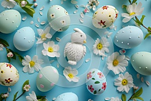 Happy easter Desert bloom Eggs Rainbows Basket. White goodies Bunny hopeful message. easter jasmine background wallpaper