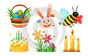 Happy Easter design element with basket of eggs, bunny ears, bee, cake, flowers and candles.