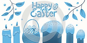 Happy Easter design template. Spring holiday concept illustrations. Flowers, cakes and eggs illustrations. Can be use for holiday