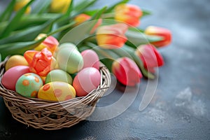 Happy easter digital card Eggs Bunny Bliss Basket. White Colorful Bunny giggly. rose bloom background wallpaper