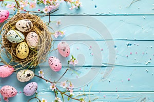 Happy easter Display space Eggs Pastel sky blue Basket. White heartwarming message Bunny Service. Fidgety background wallpaper